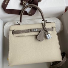 Hermes Kelly Sellier 25 Bicolor Bag in Craie and Gris Asphalt Epsom Calfskin HD1264Rp39