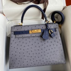 Hermes Kelly Sellier 25 Bicolor Bag in Gris Agate and Blue Ostrich Leather HD1268pZ48