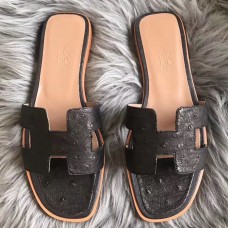 Hermes Oran Sandals In Black Ostrich Leather HD1662Oq54