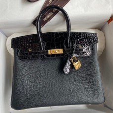 Hermes Touch Birkin 25 Bag in Black Togo and Shiny Alligator Leather HD2015Ph61