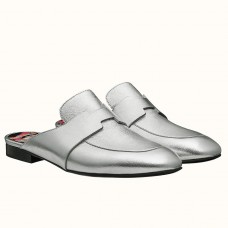 Replica Hermes Catena Mules In Silver Metallic Calfskin HD426ls37