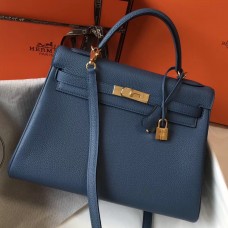 Replica Hermes Kelly 32cm Bag In Blue Agate Clemence Leather GHW HD958BH97