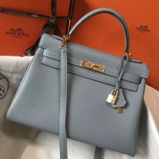 Replica Hermes Kelly 32cm Bag In Blue Lin Clemence Leather GHW HD961iu55