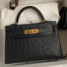 Replica Hermes Kelly Mini II Sellier Handmade Bag In Black Ostrich Leather HD1097cS18