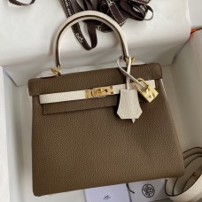 Replica Hermes Kelly Retourne 25 Bicolor Bag in Taupe and Craie Clemence Calfskin HD1219bO12