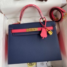 Replica Hermes Kelly Sellier 28 Bicolor Bag in Blue Saphir and Rose Lipstick Epsom Calfskin HD1324it96