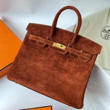 Top Hermes Birkin 25 Retourne Handmade Bag In Brown Doblis Suede Leather HD83He97